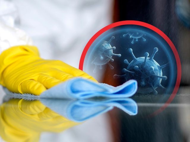 Person wearing yellow gloves cleaning a surface with a blue cloth, stylized virus image overlaid.